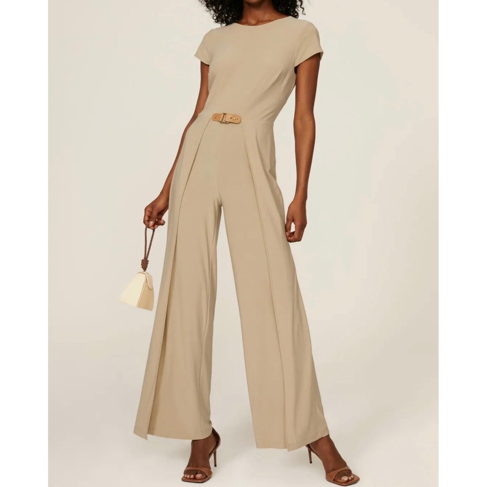 Lauren Ralph Lauren Jumpsuit Womens 4 Beige Good Belted Wide Leg Cap Sleeve